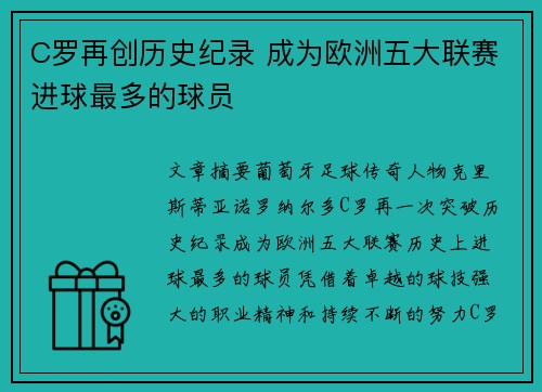 C罗再创历史纪录 成为欧洲五大联赛进球最多的球员