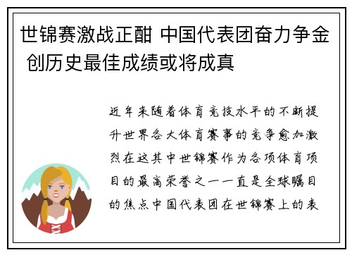 世锦赛激战正酣 中国代表团奋力争金 创历史最佳成绩或将成真