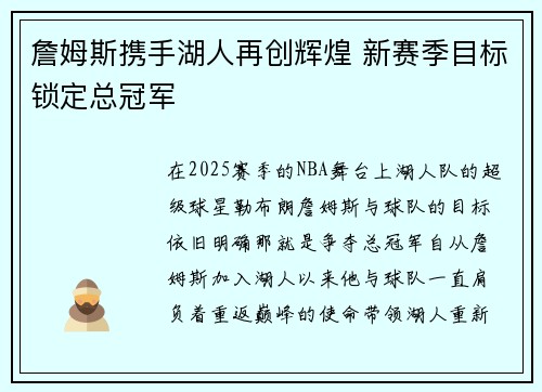 詹姆斯携手湖人再创辉煌 新赛季目标锁定总冠军