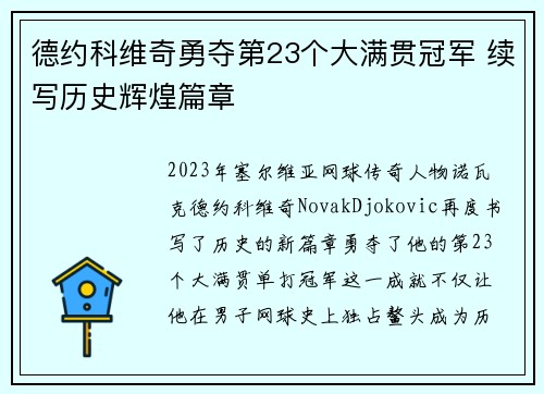 德约科维奇勇夺第23个大满贯冠军 续写历史辉煌篇章