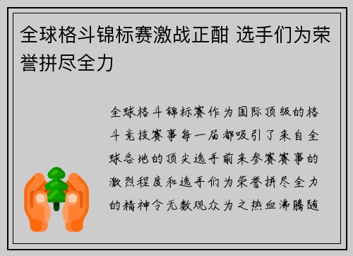 全球格斗锦标赛激战正酣 选手们为荣誉拼尽全力