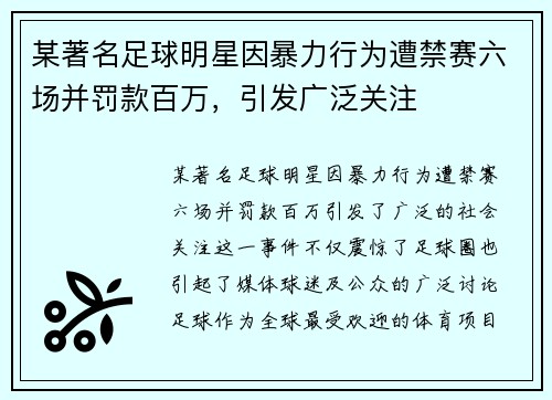 某著名足球明星因暴力行为遭禁赛六场并罚款百万,引发广泛关注