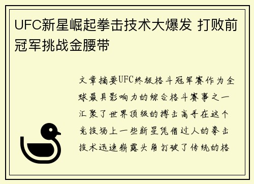 UFC新星崛起拳击技术大爆发 打败前冠军挑战金腰带